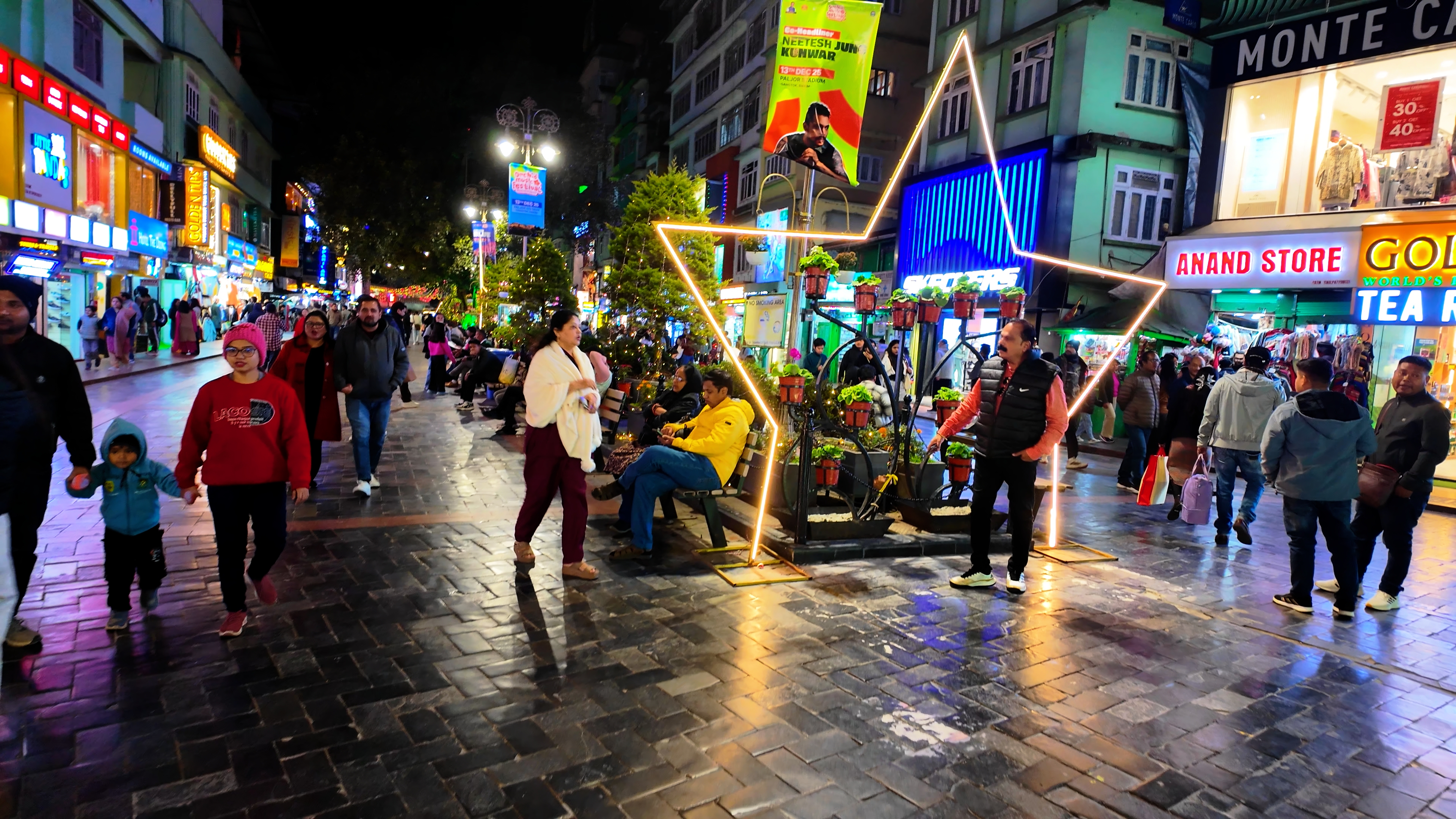 MG Road, Gangtok, lit up in the evening